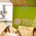 Meal kit delivery box with fresh ingredients and packaging from HelloFresh.