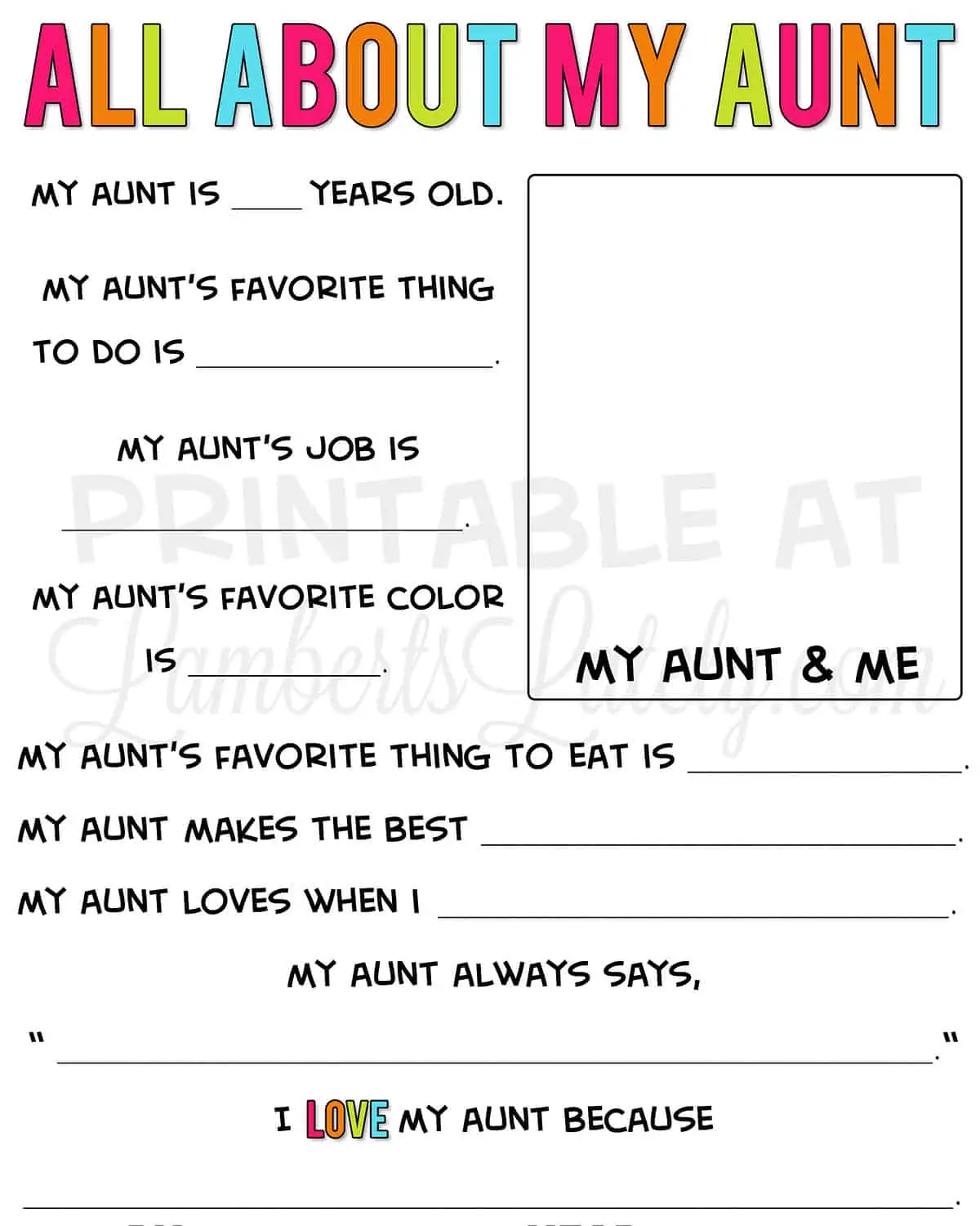 all about my aunt printable.