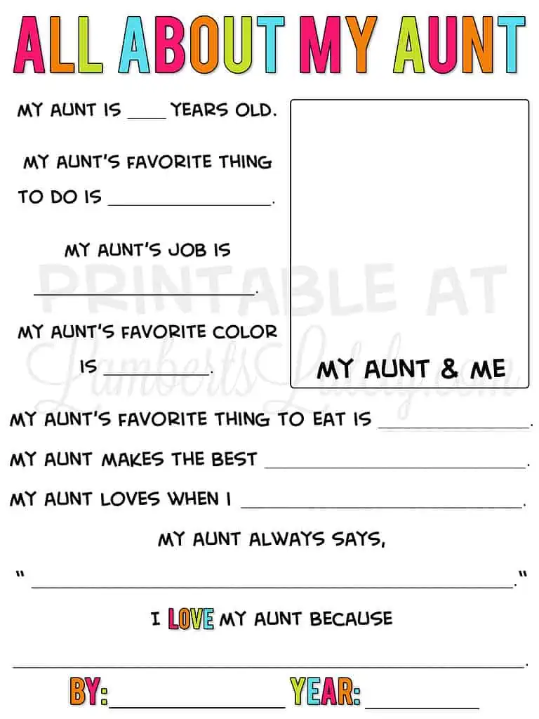 all about my aunt printable.