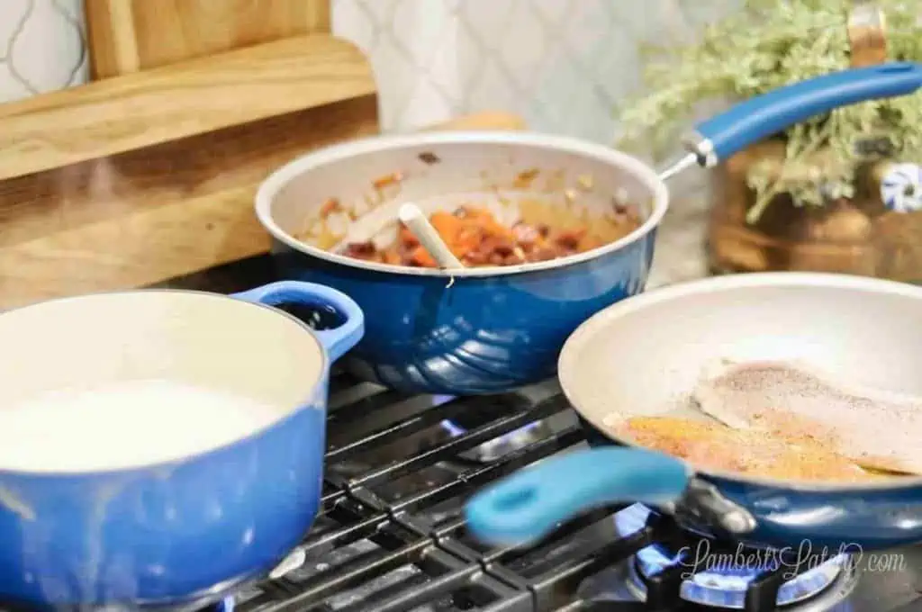pans of food on a stovetop