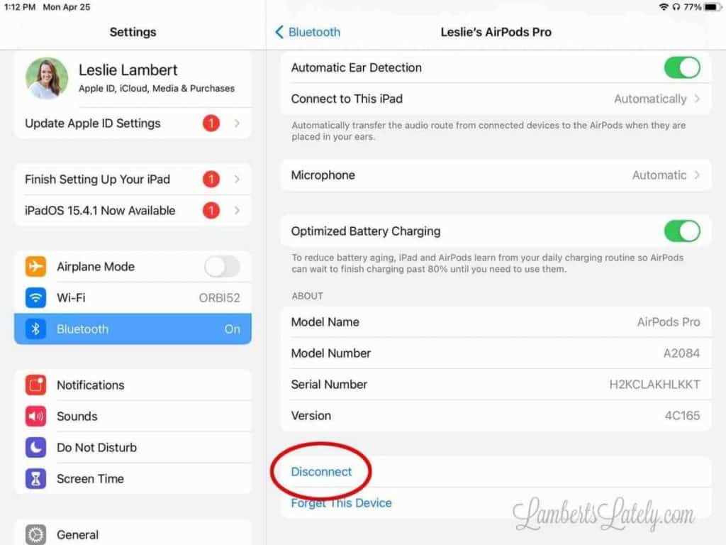 Disconnecting AirPods pro in iPad settings.
