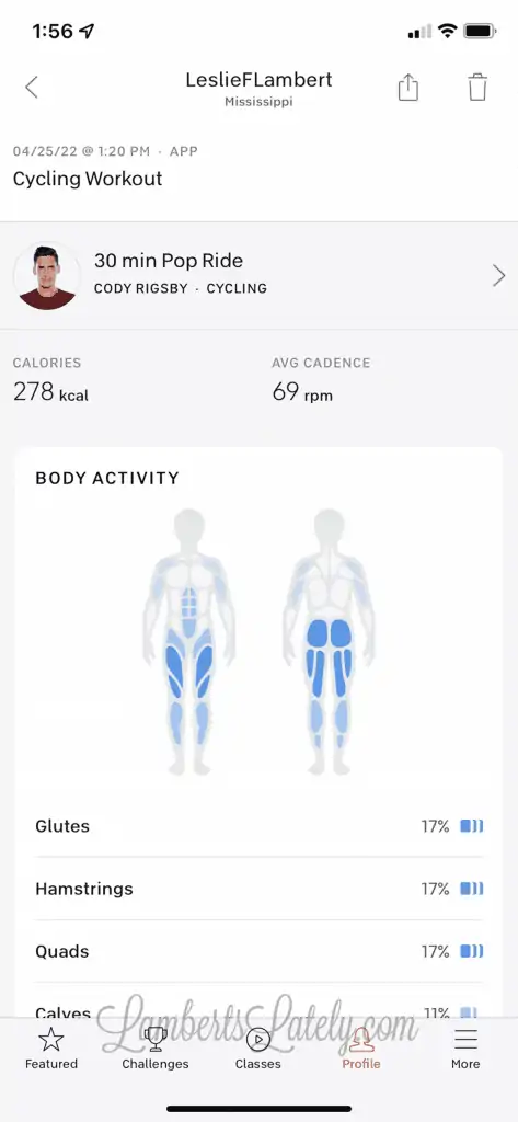 After workout summary on Peloton app.
