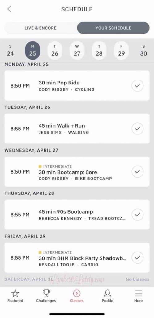 Schedule in Peloton app.