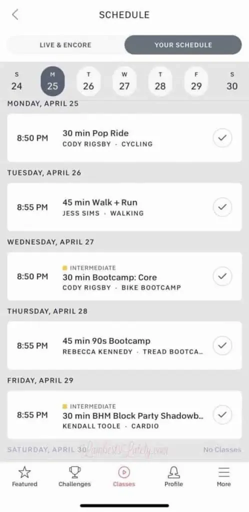 Schedule in Peloton app.
