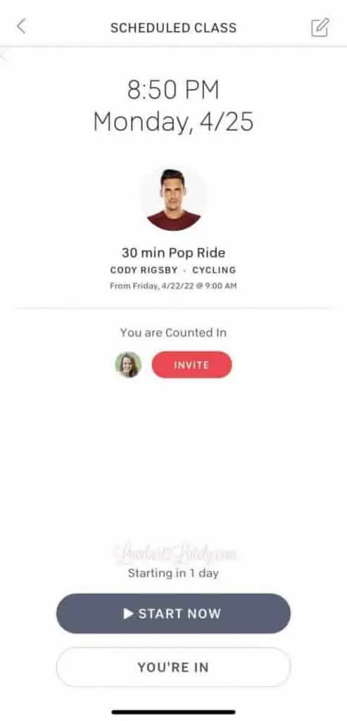Scheduled class in Peloton app.