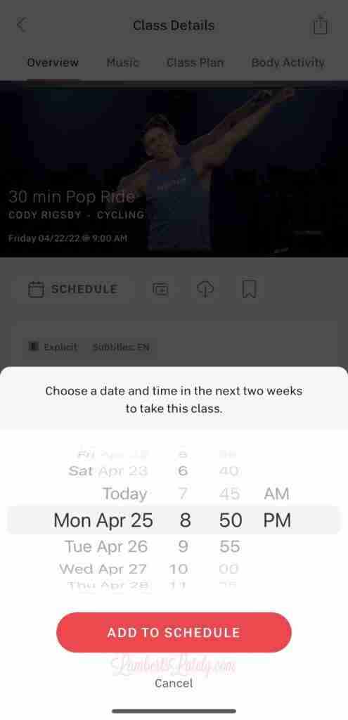 Showing times to schedule workout in Peloton app.