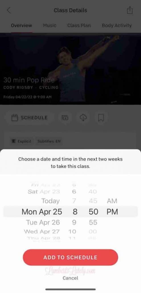 Showing times to schedule workout in Peloton app.