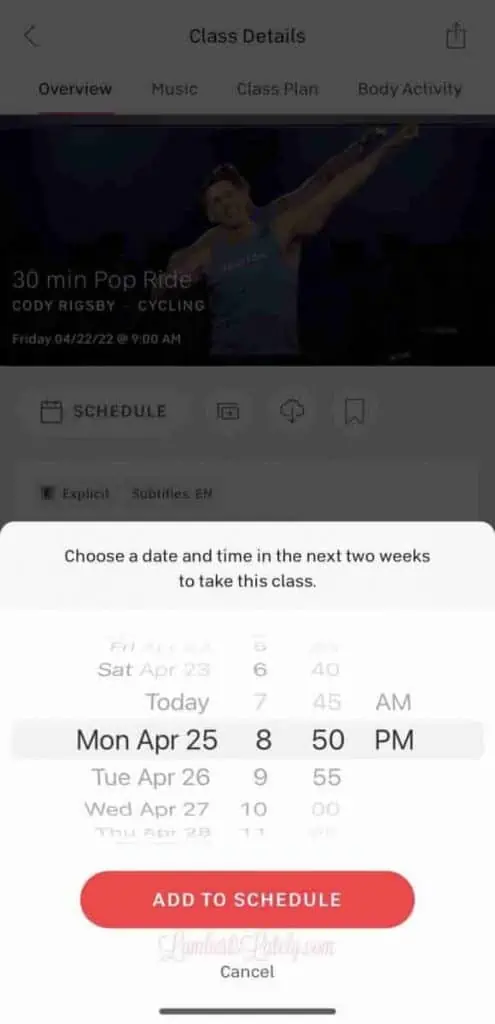 Showing times to schedule workout in Peloton app.