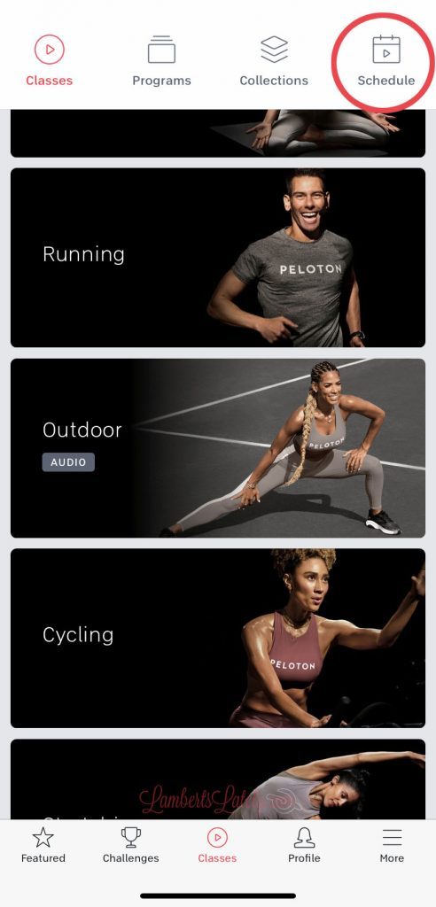 Peloton app with schedule icon circled.