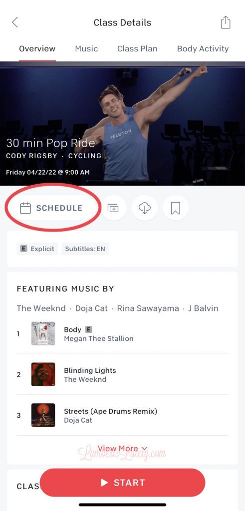 Peloton app with schedule circled.