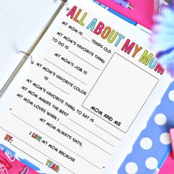 mother's day questionnaire printable in a blue folder.