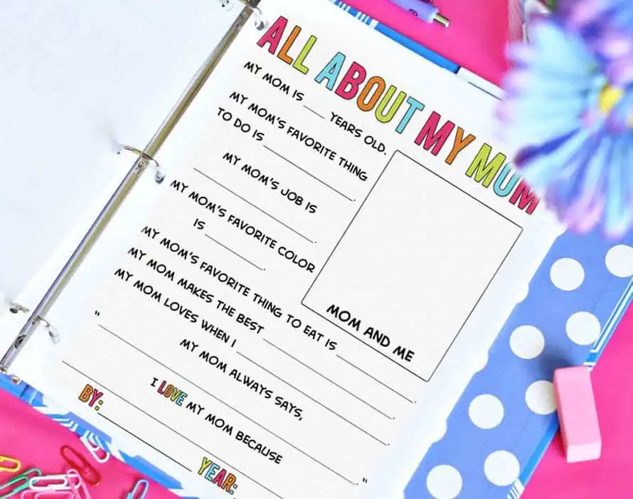 mother's day questionnaire printable in a blue folder.
