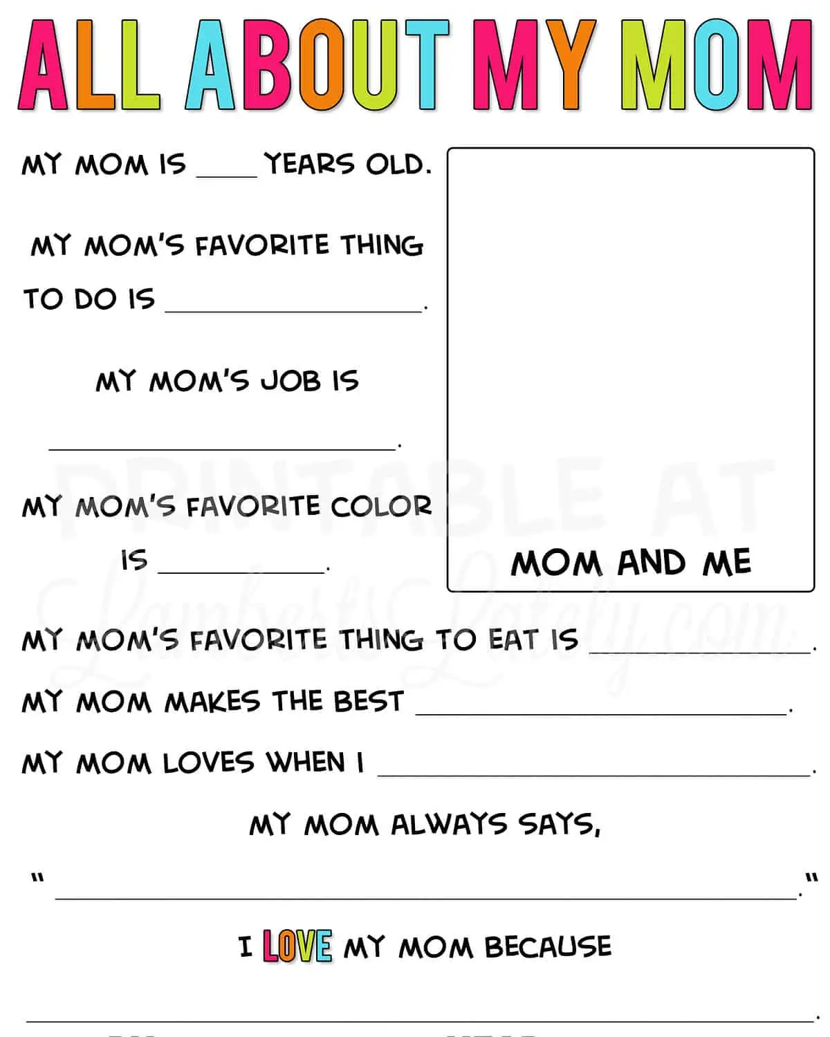 free printable mother's day questionnaire for kids.
