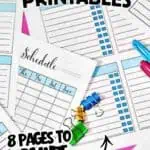 Printable travel planner pages with colorful pens and paper clips for vacation organization.