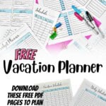 Printable travel planner pages with pens and clips for vacation planning.