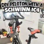 Home gym setup with Schwinn IC4 bike and measuring tape for Peloton DIY project.