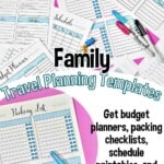Family travel planning templates with checklists and schedules for vacation organization.