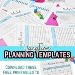 Vacation planning templates with pens and printable sheets for travel organization.