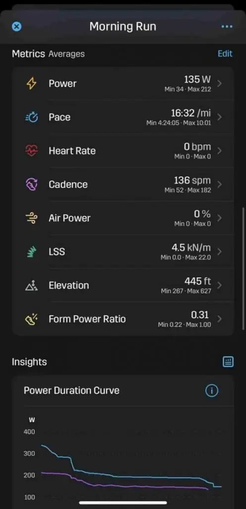 screenshot of run analytics on the stryd app.