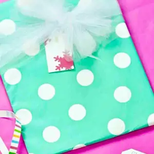 blue polka dot wrapped gift with gift tag and tulle bow.