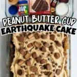 Peanut butter cup earthquake cake with ingredients on a baking sheet.