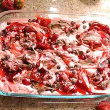 strawberry earthquake cake mixture swirled together before baking.