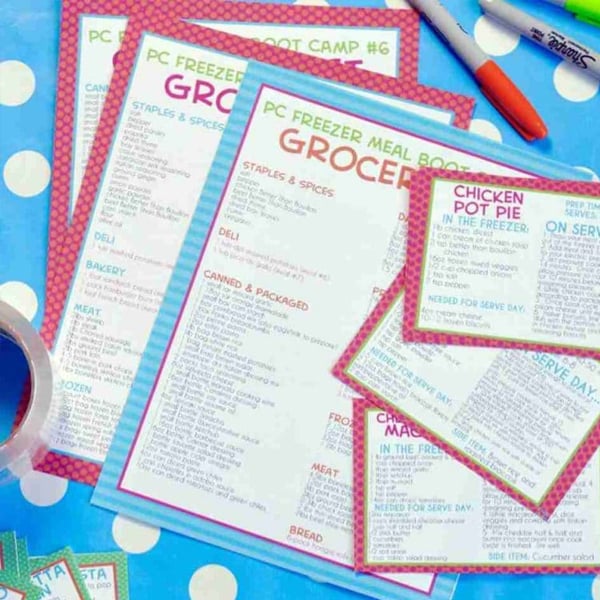 stack of freezer meal printables.