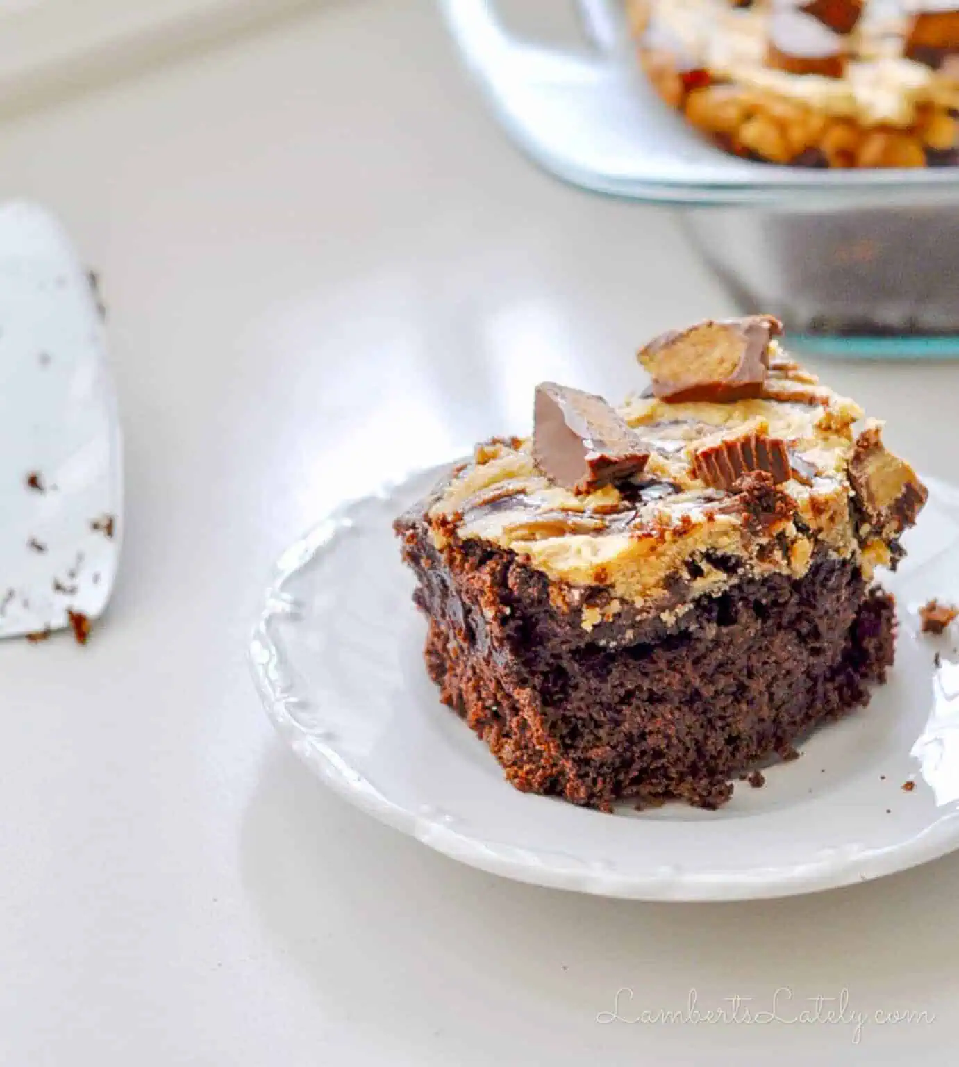piece of reese's peanut butter cup cake on a plate.