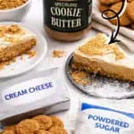 No-bake ginger snap cookie butter pie with cream cheese and powdered sugar ingredients.