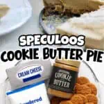 No-bake Speculoos Cookie Butter Pie with ingredients and jar on a plate.