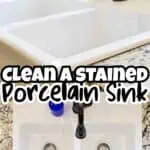 White porcelain kitchen sink with cleaning text overlay and black faucet.