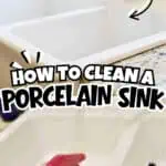 Cleaning a white porcelain sink with baking soda and spray bottle for stain removal.