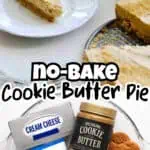 No-bake Speculoos Cookie Butter Pie with cookies and ingredients on a white surface.