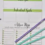 Printable goal setting worksheet with sections for main goal, individual goals, and action steps.