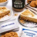 No-bake cookie butter pie with Speculoos spread, cookies, and cream cheese on a white surface.