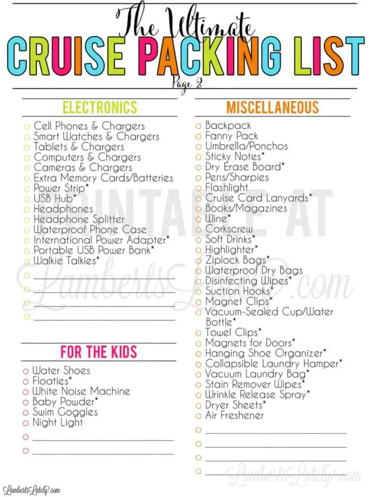 page 2 of the ultimate cruise packing list printable.