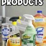Collection of household cleaning products including disinfectant spray and wipes.