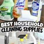 Assorted household cleaning supplies including Lysol, OdoBan, and scrub brushes.