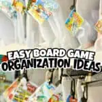 Organized board game bags hanging with colorful game cards for storage and easy access.