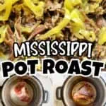 Delicious Mississippi Pot Roast with shredded beef and peppers in a slow cooker.