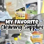 Assorted household cleaning products on a kitchen counter with a sink in the background.