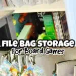Organized file bag storage for board games with colorful tags and labels.