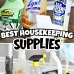 Collection of household cleaning supplies including disinfectant, spray, and scrub brushes.