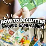 Organized board game cabinet with rubber bands and colorful game pieces.