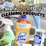 Collection of household cleaning products including disinfectant, spray, and scrubber.