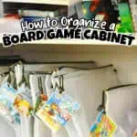 Organized board game cabinet with labeled storage bags and hanging tags for easy access.