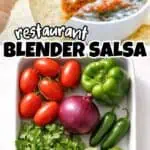 Fresh ingredients for blender salsa with a tortilla chip and bowl of salsa in background.
