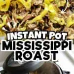 Close-up of shredded Mississippi Pot Roast with yellow peppers in an Instant Pot.