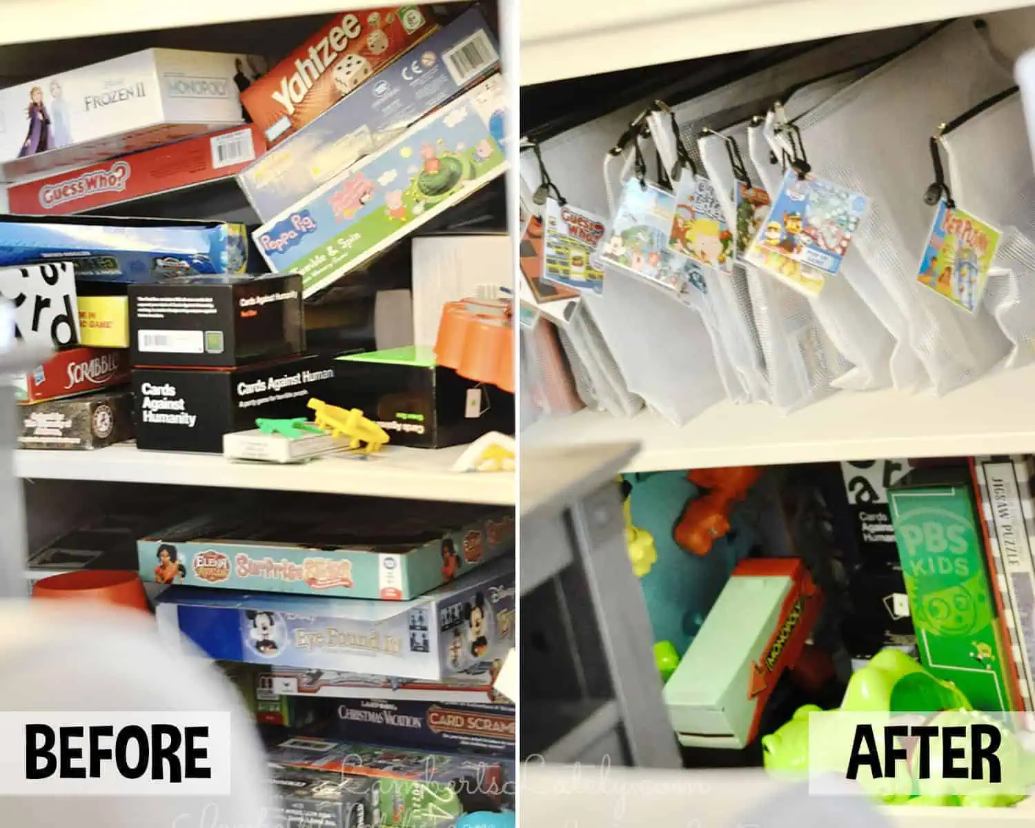 before and after of board game storage project.