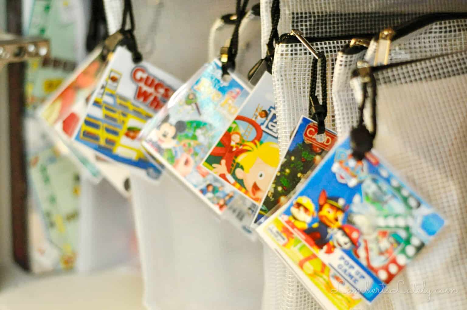 tags on filing bags of board games.